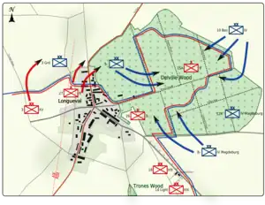 Colour map image depicting town and wood to the right of the town. Shows main access routes and positions of Allied and German forces on 17 July 1916