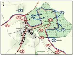 Colour map image depicting town and wood to the right of the town. Shows main access routes and positions of Allied and German forces between 18 and 20 July 1916