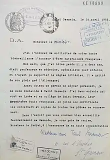Demande de naturalisation française de Lily Grosser, 22 avril 1936