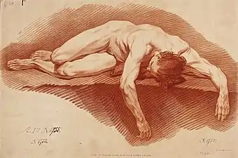 Étude d'homme allongé, d'après Carle van Loo, gravure à la manière de crayon.