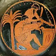 Deux hommes s'apprêtent à sacrifier un porc sur un autel. Kylix athénien à figures rouges, v. 510–500 av. J.-C. Musée du Louvre.