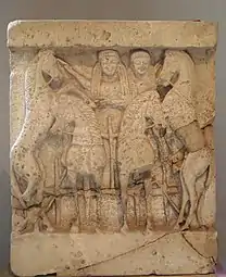 Déméter et Perséphone/Korè sur un quadrige. Métope, Temple Y de Sélinonte. Calcaire. H. 84 cm. Musée archéologique Régional (Palerme)