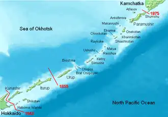 Carte du nord du Japon montrant en rouge les évolutions de frontière avec l'empire russe.