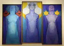 Triptyque représentant trois femmes nues, peintes en bleu, vues de face. Les deux femmes des côtés ont les yeux fermés, la femme du centre a les yeux ouverts et est entourée d'un halo doré.