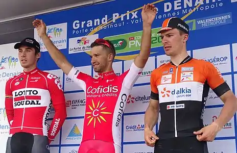 Podium de l'édition 2015 du Grand Prix de Denain : Boris Vallée (2e), Nacer Bouhanni (1er) et Rudy Barbier (3e).