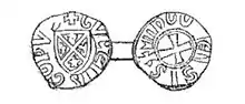 2 cercles approximatifs dessinés en noir, avec des lettres autour et au centre : à gauche un blason à droite une croix