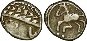 Denier d'argent au type du caducée (avers) et au cheval galopant (revers), frappe des Allobroges (Dauphiné, Ier siècle av. J.-C.).