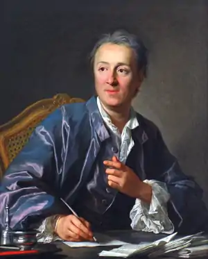 L'écrivain en robe de chambre à sa table, « souriant, mignard, avec l'air d'une vieille coquette » (Diderot).