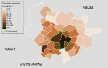 Carte affichant la densité de chaque commune de l'aire urbaine de Bar-le-Duc.