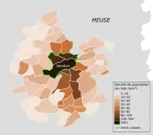 Carte affichant la densité de chaque commune de l'aire urbaine de Verdun.