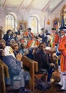 Lecture de l’ordre de déportation des Acadiens, le 28 juillet 1755 par le colonel John Winslow dans l’église de Grand-Pré, tableau.