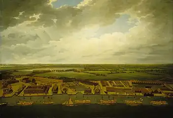 Vue du chantier naval de Deptford ; huile sur toile de Joseph Farington (fin du XVIIIe siècle - début du XXe ; Collections du musée national de la Marine