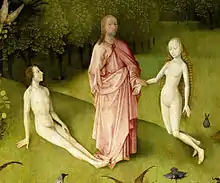 Dans un cadre champêtre, une femme nue, agenouillée, est tirée par le poignet par un personnage barbu en direction d'un autre homme nu assis sur le sol.