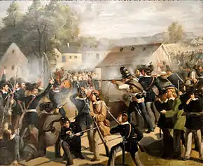 Combat sur le pont Taborbrücke à Leopoldstadt le 6 octobre 1848 – Bonaventura Emler (1831-1862) – La Garde nationale et les étudiants de la Légion académique s'opposent au régiment Nassau afin d'empêcher le départ de troupes pour combattre la révolution hongroise.