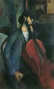 Peinture d'un homme assis de profil, brun et barbu, en veste, violoncelle dans une main, l'autre posée sur la cuisse