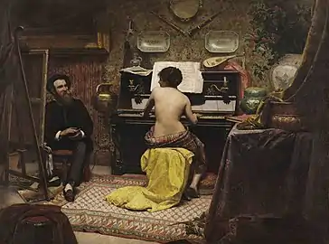 Peinture représentant un intérieur avec un modèle féminin nu assis à un piano tandis qu'un artiste travaille à son chevalet sur le côté gauche de la toile