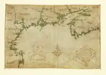 Cette carte sur vélin de style portulan a été établie par Champlain lui-même en 1607, afin de la présenter au roi de France. La carte de Nouvelle-France établit la première délimitation approfondie de ce qui deviendra la Nouvelle-Angleterre et les côtes atlantiques du Canada, de Cap-Sable à Cap Blanc (Cape Cod). On y indique Port-Royal, la Baye Blanche (baie de Cap Cod), la Baye Françoise, les fleuves Saint-Jean, Sainte-Croix et Penobscot, ainsi que la baie de la rivière Kennebec et l'île des Monts Déserts.