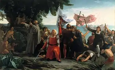 Peinture représentant la première arrivée de Christophe Colomb sur le continent américain (D. Puebla, 1862).