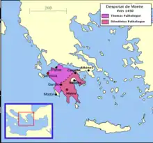carte couleurs : le Péloponnèse est divisé en deux du sud-ouest au nord-est