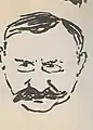 Dessin noir sur fond sepia représentant de face le visage d'un homme un peu dégarni, avec verres de lunettes et grosses moustaches