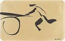 Dessin noir sur fond sepia représentant la silhouette d'un homme poussant du bras un objet de forme plate sur une roue