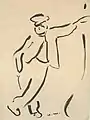 Dessin sur fond sepia représentant en quelques traits noirs un homme en casquette debout, appuyé du bras contre un mur, les pieds croisés