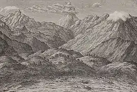 Illustration en noir et blanc de montagnes.