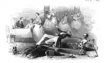 Un jeune homme tiré par les cheveux est entraîné par un squelette tandis que des jeunes femmes dansent à l'arrière-plan.