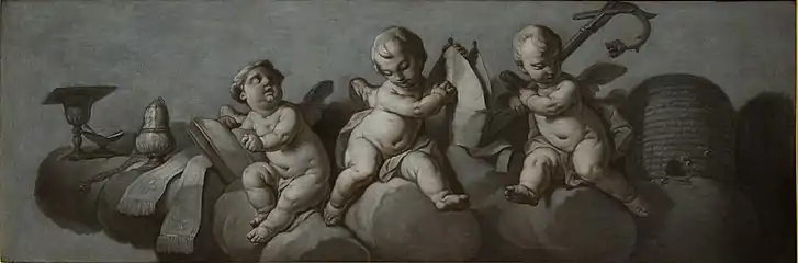 Dessus-de-porte : putti avec les attributs de l'abbé et une ruche.