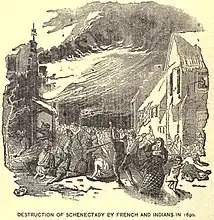 Le 18 février 1690, nuit de massacre d’une partie de la population, de pillage et d'incendie du village.(Gravure américaine de 1883)