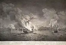 Incendie et capture des vaisseaux français. Le siège est aussi une lourde défaite navale qui coûte onze bâtiments à la Marine royale.