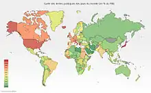 planisphère indiquant en couleurs allant du rouge au vert les pays en fonction de leur taux d'endettement public. L'Afrique est globalement en vert