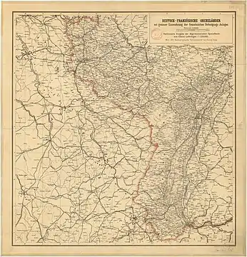 Carte allemande de l'Alsace-Moselle en 1887, avec la localisation de chacun des forts français.