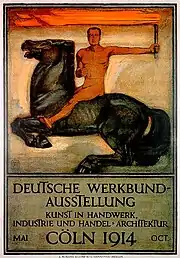Affiche en couleur. En partie haute, un homme nu chevauche un cheval avec une torche à la main. En partie basse, un texte annonçant une exposition artistique à Cologne en 1914.