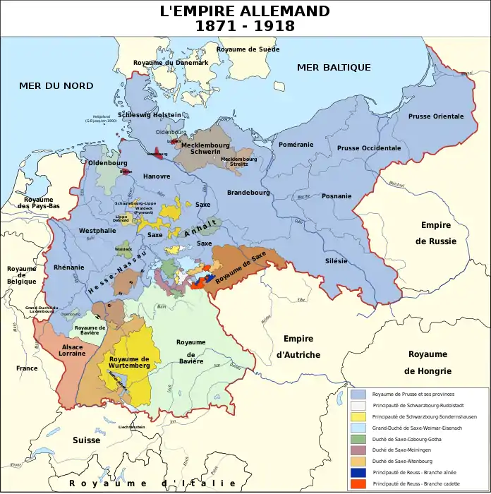 Les limites de l'Empire allemand correspondent aux limites de l'Allemagne actuelle, auxquelles il faut ajouter l'Alsace-Lorraine, toute la moitié nord-ouest de la Pologne actuelle et la Kaliningrad.