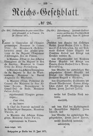 Journal officiel de la Confédération allemande du 19 juin 1871 annonçant les Préliminaires entre l'Empire allemand et la France. Le 26 février 1871.