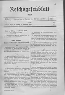 Gesetz zur Ordnung der nationalen Arbeit vom 20. Januar 1934 (Loi sur l'ordre du travail national du 20 janvier 1934)