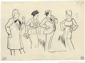 Illustration d'Yves Marevéry représentant quatre personnages du vaudeville Les Deux Canards à sa création (1913) : de gauche à droite l'imprimeur Béjun (Germain), sa femme Léontine (Armande Cassive), le journaliste Lucien Gélidon (Adrien Le Gallo) et la jeune Madeleine de Saint-Amour (Marthe Debienne).