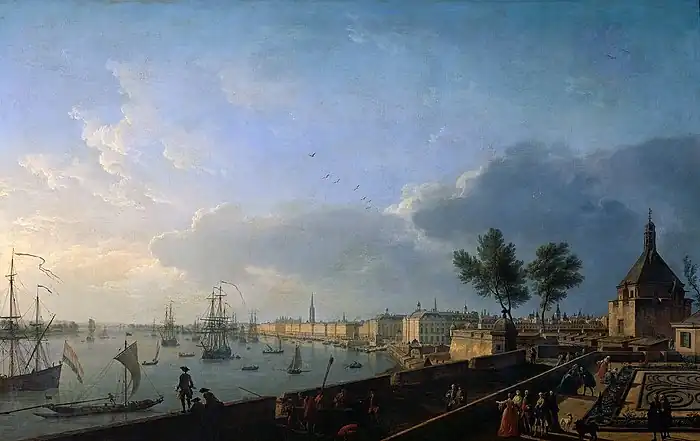 Illustration de la ville au XVIIIe siècle. La Garonne est envahie par de nombreux bateaux à voile. Les passants admirent ce spectacle.