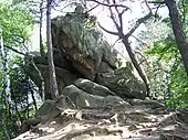 Photographie couleur d'un rocher située au sommet d'une butte dans une forêt.