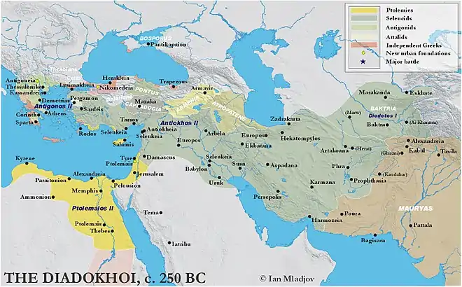 Une carte du royaume séleucide vers 250 av. J.-C. avec l'emplacement des villes