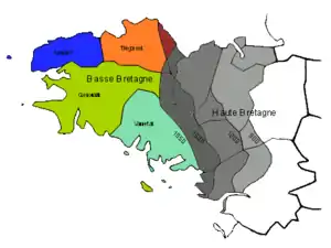 Carte de la Bretagne montrant le recul progressif de la langue bretonne.