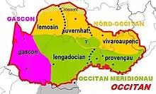 Dialectes de l'occitan selon Pierre Bec.