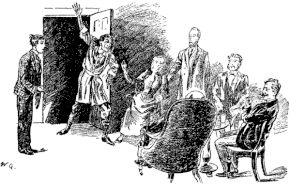 Homme gesticulant faisant irruption devant une femme et cinq hommes réunis dans un salon
