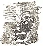 gros homme poussif assis dans un fauteuil, fumant la pipe à grosses bouffées