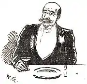 Homme tenue de soirée, moustache, monocle, l'air bourru, assis à une table de restaurant