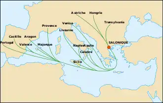 carte de l'Europe montrant les migrations depuis l'Espagne, l'Italie et l'Europe centrale vers Salonique