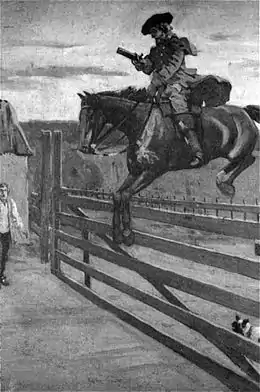 Un cavalier saute une barrière de bois ; portant chapeau, il brandit un pistolet.