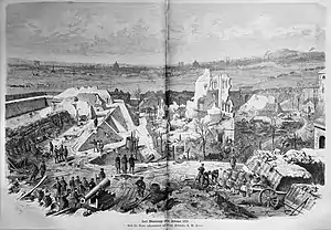 Le fort de Montrouge après la capitulation de Paris, le 29 janvier 1871, avec une vue depuis le Sud en direction de Paris, de gauche à droite : l'Arc de triomphe, le dôme des Invalides, l'église Saint-Pierre-de-Montrouge, Notre-Dame de Paris, le Panthéon et dans le fond la colline de Montmartre.