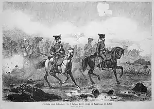 7e régiment de hussards du 11e corps d'armée (de) en double pluie à Sedan, 1872.